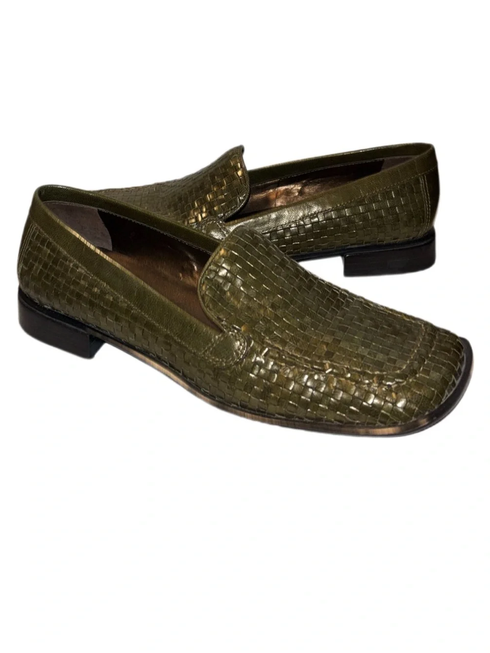 A. Marinelli Olive Woven Leather Loafers olive green Woman's Size 8 square toe